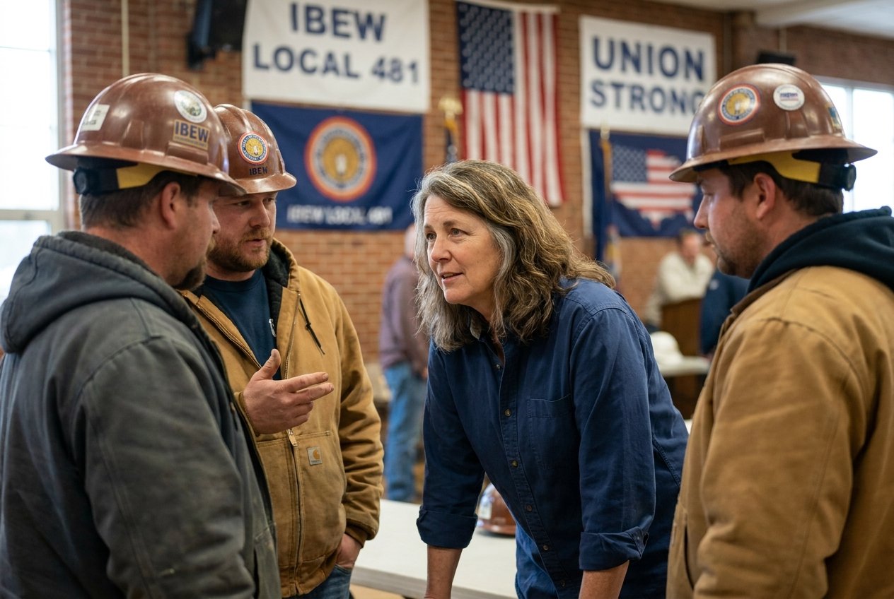 Tess Kovach talking with trades workers in a union hall