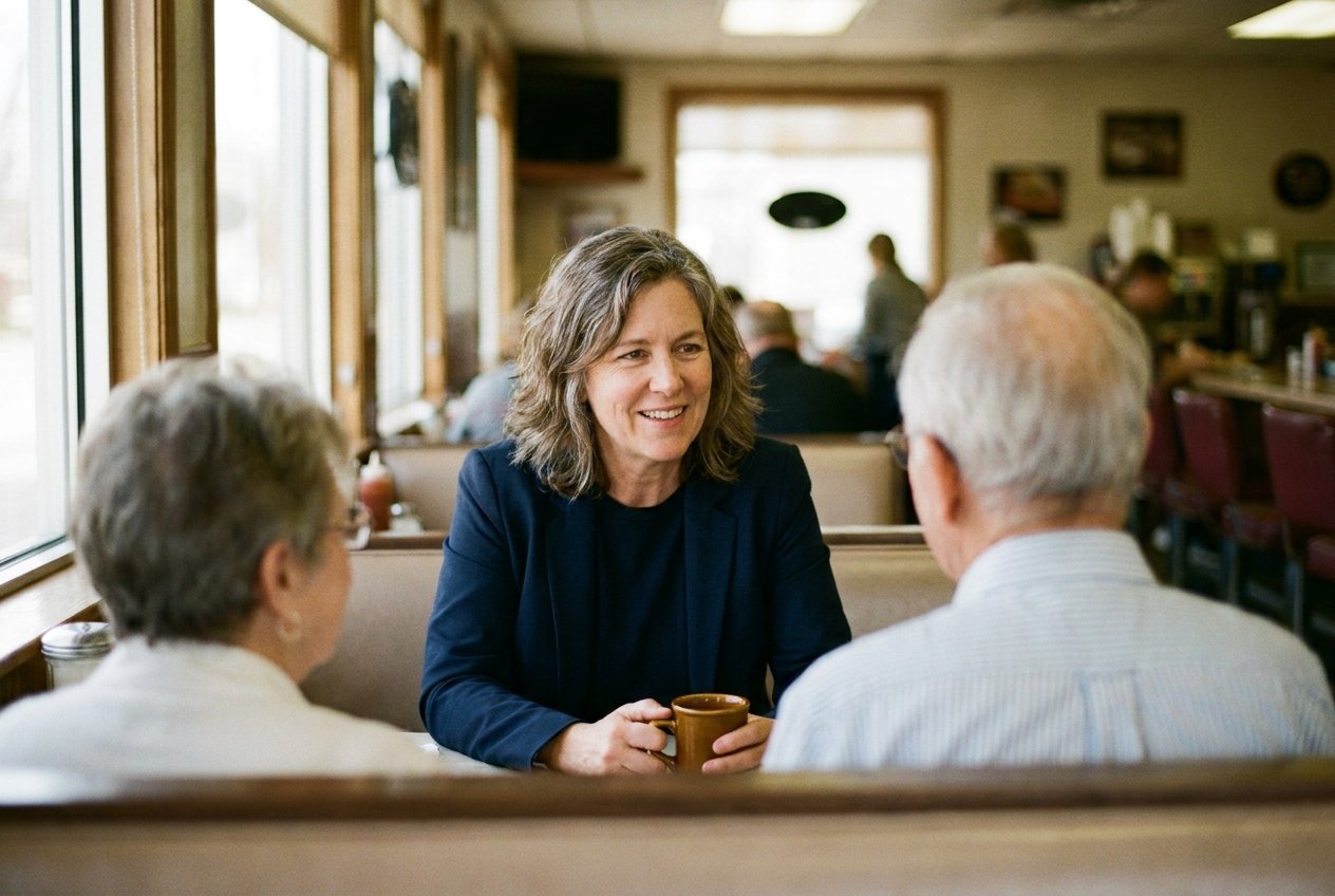 Tess Kovach in a diner booth with an older couple