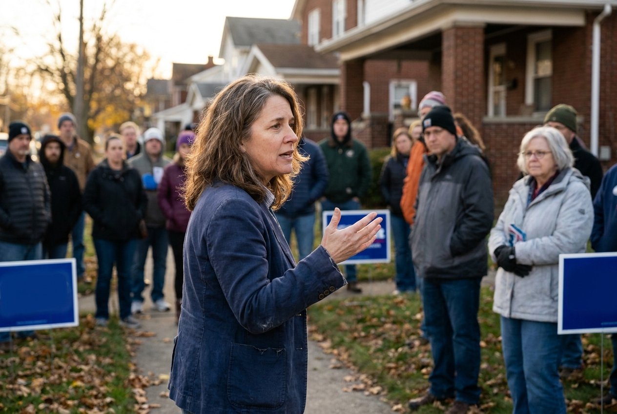 Tess Kovach speaking at an outdoor neighborhood rally with supporters